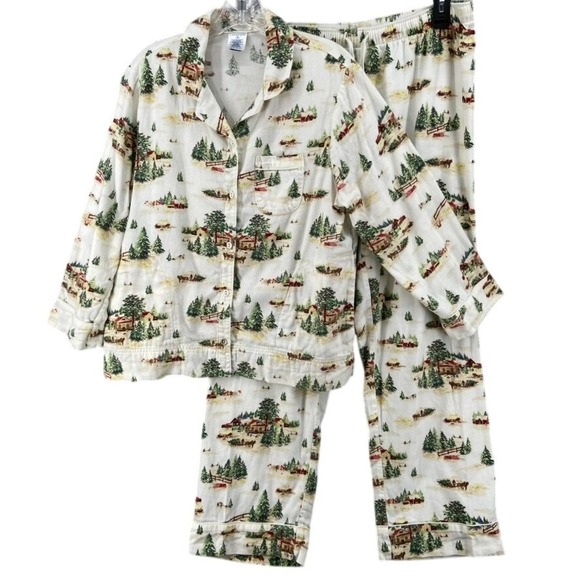 Lands' End Pajama Set Womens Sz M Flannel Winter Village Christmas Tree Holiday - Picture 1 of 15